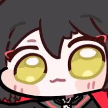 a close up of a cartoon character 's face with big yellow eyes