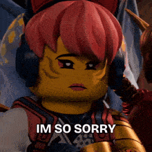 a lego girl with red hair and headphones is saying i 'm so sorry