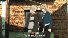 a man and a woman standing next to each other with the words you 're such a child below them