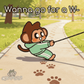a cartoon of a monkey pulling a leash with the words " wanna go for a w " above it