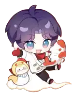 a drawing of a boy holding a fish and a stuffed animal