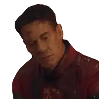 a man with blood on his face is wearing a red jacket with the letter a on it