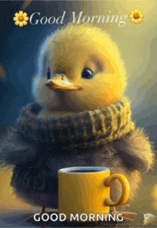 a picture of a duck wearing a scarf and holding a cup of coffee