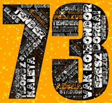 the number 73 is surrounded by other numbers and words