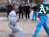 a man in blue pants is dancing in front of a sign that says ' a 's ' on it