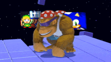 a gorilla wearing a bandana and goggles is standing on a purple tile floor
