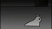 a black and white drawing of a ghost with horns on a dark background .