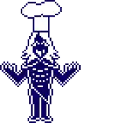 a pixel art drawing of a chef with his arms outstretched and a chef 's hat on his head