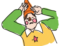 a drawing of a person wearing an orange hat with a star on their chest