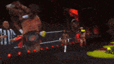 two wrestlers are walking in a ring with the aew logo on the bottom right