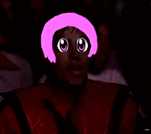a man wearing a red jacket and a pink hat with glowing eyes