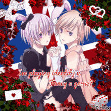 a picture of two anime characters with the words " i 'm playing identity fancy a game "