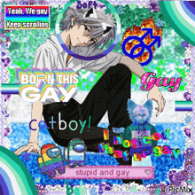 a picture of a boy with the words born this gay on it