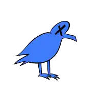 a drawing of a blue bird with a bloody beak