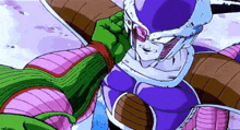 a purple and green cartoon character with a purple helmet