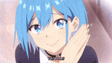 a girl with blue hair has the words vai pode written on her face