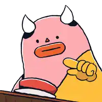 a cartoon drawing of a pink monster with horns pointing at the camera