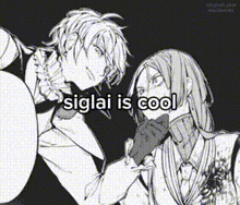 a black and white drawing of two men standing next to each other and the words siglai is cool .
