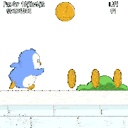 a penguin in a video game with a coin that says lt on it