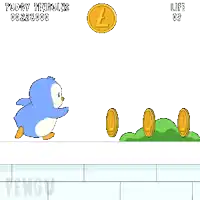 a penguin in a video game with a coin that says lt on it