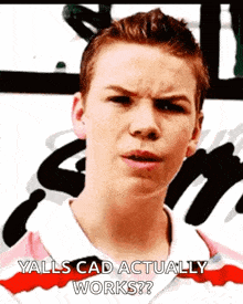 a young man is making a funny face with the words yalls cad actually works written below him .