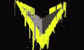 a yellow and gray triangle with yellow paint dripping on a black background