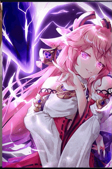 a girl with pink hair and a purple background has the letter c on her arm