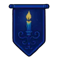 a blue banner with a candle on it and the letter g on it