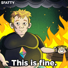 a cartoon of a fat man with the words " this is fine " below him