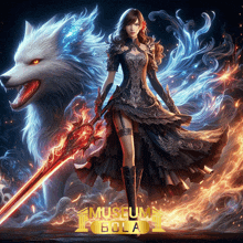 a woman is holding a sword in front of a wolf and the words museum bola are on the bottom