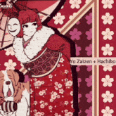 a drawing of a woman in a kimono holding a dog with yo zaizen + hachiko in the corner