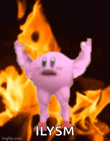 a cartoon character with muscles is standing in front of a fire and the word ilysm is on the bottom .