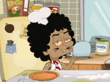 a cartoon character wearing a chef 's hat is standing in front of a fridge that says krucho on it