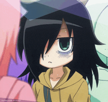 a drawing of a girl with black hair and a yellow hoodie has masa crazy tumblr written on the bottom
