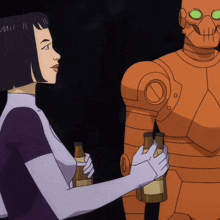 a cartoon drawing of a woman holding a bottle of beer
