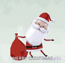 a cartoon of santa claus carrying a bag of presents and the words merry christmas pic below him