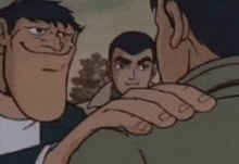 a group of men are standing next to each other in a cartoon . one of the men has a very large face .
