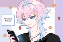 a pixel art drawing of a girl holding a cell phone with the words pancake recipe on the bottom