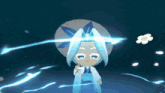 a cartoon character with blue hair and a umbrella