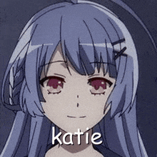 a close up of a anime girl with purple hair and the name katie written on her face .