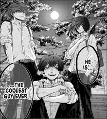 a black and white drawing of three boys with the words `` the coolest guy ever '' on the bottom .