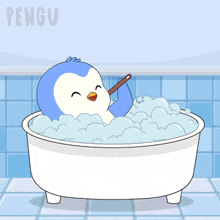 a penguin is taking a bath in a bathtub with the word pengu on the bottom