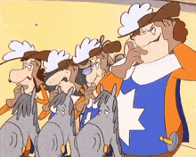 a group of cartoon characters are standing next to each other and their horses .
