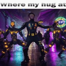 a man in a superhero costume is dancing in front of a neon sign that says tokyo