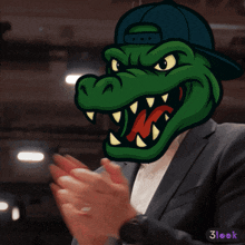 a man wearing a hat with a crocodile face on it clapping