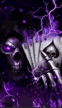 a skull is holding a deck of playing cards in front of a lightning bolt .