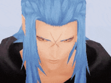 a close up of a video game character with blue hair and red eyes