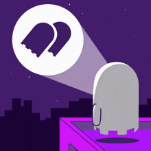 a cartoon drawing of a ghost standing on a roof with a spotlight shining on it