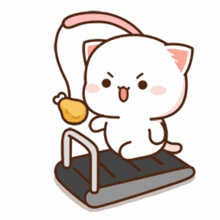 a cartoon cat is running on a treadmill with a boxing glove hanging from it .