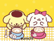 two pomeranian dogs sit at a table with cups of coffee